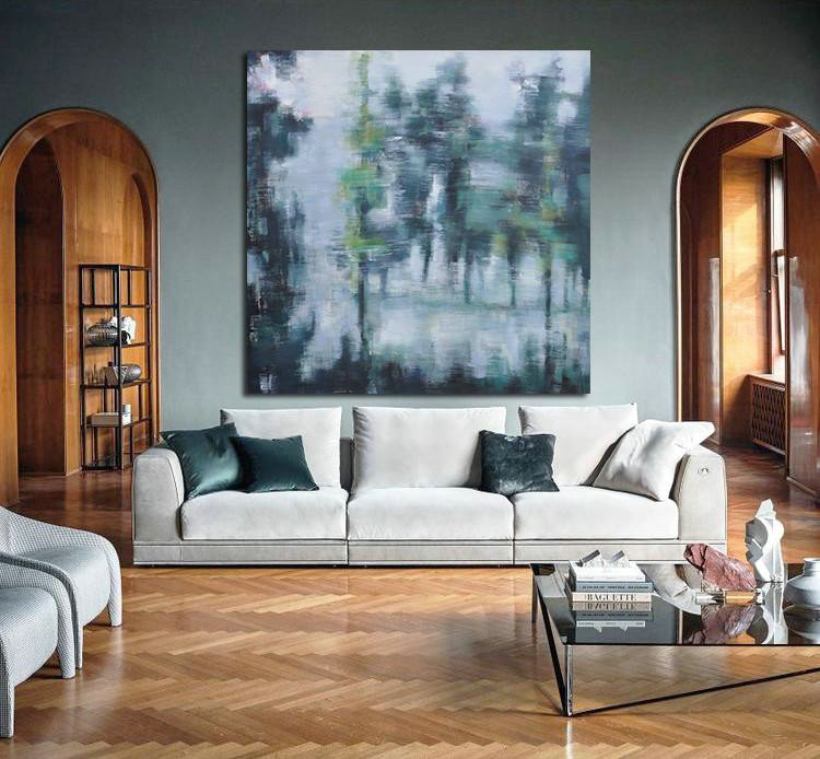 Large Abstract Painting,Abstract Landscape Oil Painting,Oversized Custom Canvas Art,White,Grey,Dark Green
